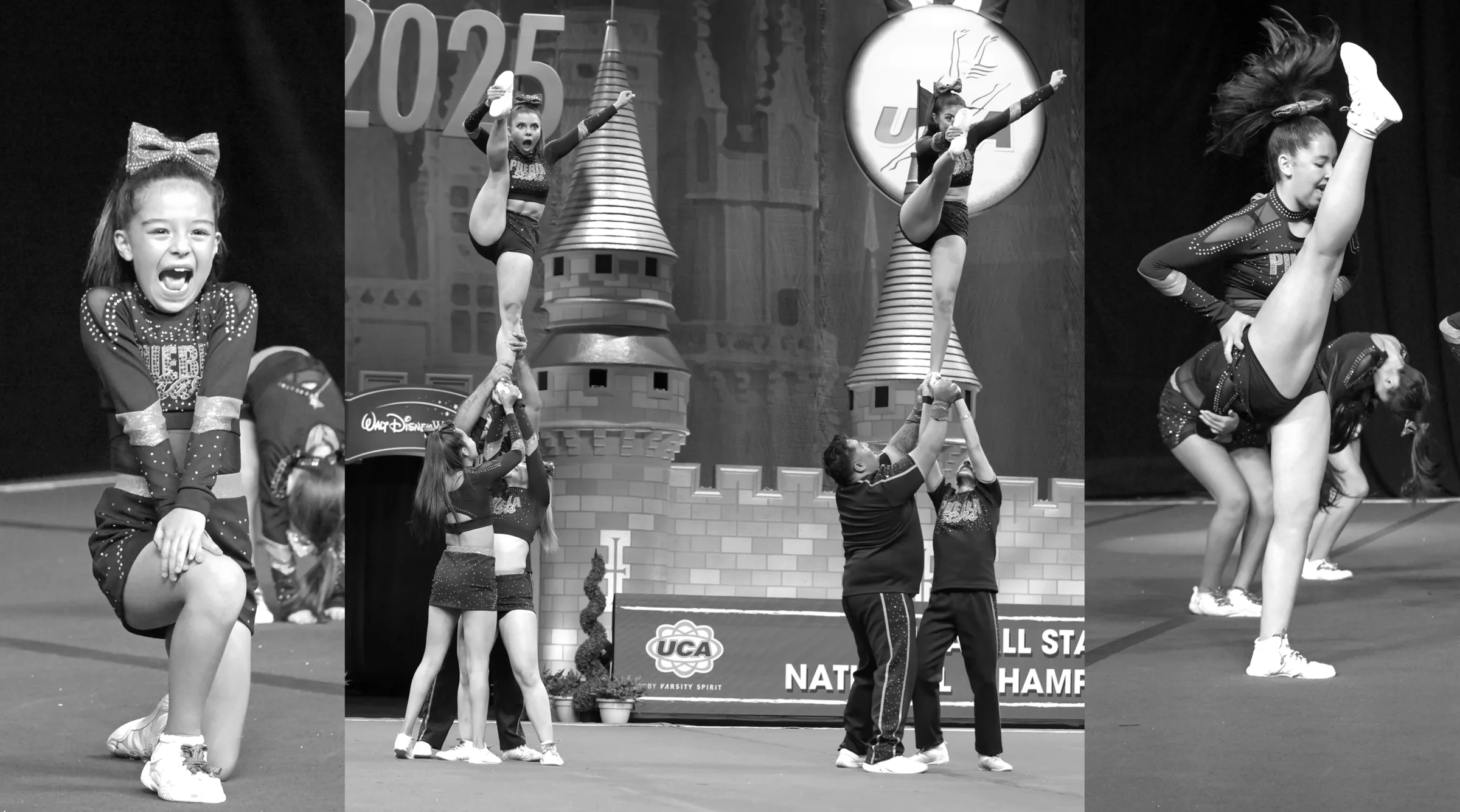 Collage en blanco y negro de All Star Cheerleading: una atleta celebrando, dos stunts en un campeonato nacional y una patada alta.